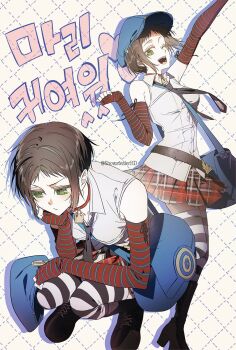 1girl arm_up averting_eyes bag bare_shoulders belt black_boots black_hair black_necktie blue_hat boots breasts checkered_clothes checkered_skirt choker elbow_gloves fingerless_gloves gloves green_eyes hashtag-only_commentary hat heart highres holding holding_unworn_clothes holding_unworn_hat looking_at_viewer marie_(persona_4) medium_breasts miniskirt multiple_views necktie one_eye_closed open_mouth persona persona_4 persona_4_the_golden red_choker red_skirt shirt short_hair shoulder_bag showstealerhd skirt sleeveless sleeveless_shirt squatting striped_clothes striped_gloves striped_thighhighs thighhighs twitter_username unworn_hat unworn_headwear white_shirt wing_collar