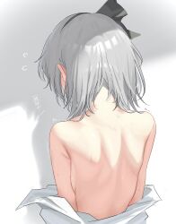 Rule 34 | 1girl, absurdres, back, bare back, bare shoulders, black hairband, black ribbon, clothes down, commentary request, facing away, flying sweatdrops, from behind, grey background, grey hair, hair ribbon, hairband, highres, konpaku youmu, nape, ribbon, shadow, shirt, short hair, sketch, solo, sweat, touhou, translation request, twitching, upper body, white background, white shirt, youmu-kun