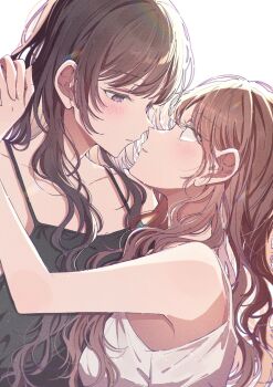2girls absurdres black_camisole blush brown_hair camisole commentary_request eye_contact highres holding_hands interlocked_fingers long_hair looking_at_another multiple_girls original parted_lips purple_eyes rococomm123 simple_background white_background white_camisole yuri