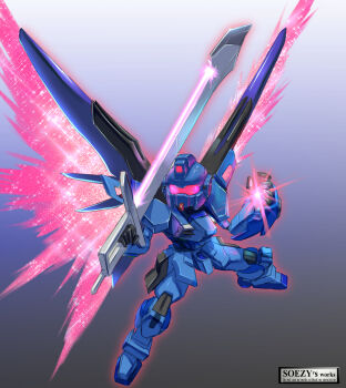 blue_destiny_01 commentary destiny_gundam earth_federation energy_sword energy_wings glowing glowing_eyes glowing_hand gundam gundam_seed gundam_seed_destiny gundam_side_story:_the_blue_destiny highres holding holding_sword holding_weapon mecha mechanical_wings mobile_suit name_connection no_humans red_eyes red_visor robot science_fiction soezy sword weapon wings wings_of_light