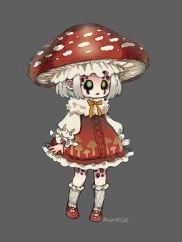 1girl black_sclera blonde_hair colored_sclera commentary_request dress frilled_dress frills full_body fur_collar green_eyes grey_background highres hole_in_head hole_on_body kneehighs long_sleeves looking_at_viewer monsha_moa monster_girl mushroom_on_head original pigeon-toed puffy_long_sleeves puffy_sleeves red_dress short_hair simple_background socks solo