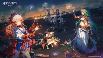 5girls arknights blonde_hair blue_hair ch'en_(arknights) ch'en_(summer)_(arknights) city commentary_request dragon_girl dragon_horns eastern_dragon_horns fireworks green_hair haruka_(arknights) hat horns hoshiguma_(arknights) hoshiguma_the_breacher_(arknights) kuikui lin_(arknights) lin_(summer)_(arknights) long_hair multiple_girls night oni purple_hair red_hair swimsuit swire_(arknights) swire_the_elegant_wit_(arknights) tail tiger_girl tiger_tail
