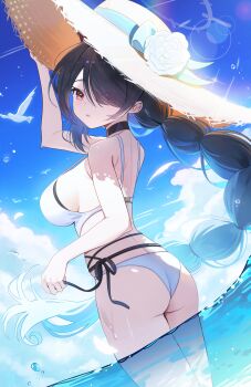 1girl absurdres ass black_hair blue_archive blue_sky blurry bokeh braid breasts brown_hat commentary day depth_of_field flower hair_over_one_eye halo hat hat_flower highres hinata_(blue_archive) hinata_(swimsuit)_(blue_archive) kinsuke_z large_breasts long_hair looking_at_viewer low-braided_long_hair low-tied_long_hair ocean one-piece_swimsuit partially_underwater_shot sky solo straw_hat swimsuit symbol-only_commentary thighs water white_flower white_one-piece_swimsuit