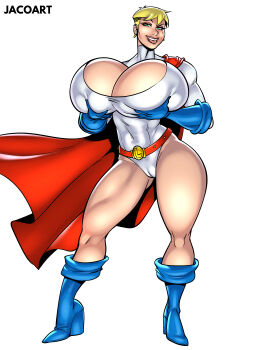 1girl absurdres artist_name blonde_hair blue_boots blue_gloves boots breasts cape cleavage cleavage_cutout clothing_cutout cosplay dc_comics full_body gloves grabbing_own_breast green_eyes highres huge_breasts jacogramc leotard looking_at_viewer lyza_(jacogram) original power_girl power_girl_(cosplay) red_cape short_hair sitting solo white_background white_leotard