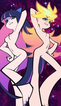 2girls absurdres anime_screenshot arm_up blonde_hair blue_eyes breasts colored_inner_hair completely_nude eyeshadow gradient_hair highres long_hair looking_at_viewer makeup medium_breasts multicolored_hair multiple_girls nail_polish navel nipples nude panty_&amp;_stocking_with_garterbelt panty_(psg) pink_hair purple_hair purple_nails purple_toenails red_nails siblings sisters small_breasts smile stitched stocking_(psg) stomach thighs third-party_edit toenail_polish toenails two-tone_hair very_long_hair