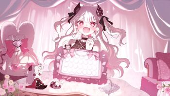 1girl artist_request bag couch hair_ribbon handbag indoors long_hair naraka_(nijisanji) nijisanji open_mouth red_eyes ribbon solo source_request stuffed_toy tagme virtual_youtuber white_hair