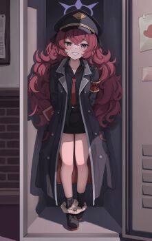 1girl absurdres armband arms_behind_back black_skirt blue_archive blue_jacket blue_shirt blush book boots collarbone collared_shirt commentary crossed_bangs full_body grey_eyes grin hair_between_eyes halo hat highres holding holding_book in_locker iroha_(blue_archive) jacket locker long_hair looking_at_viewer loose_necktie miniskirt necktie panties panties_around_ankles panty_pull peaked_cap pencil_skirt pigeon-toed red_armband red_hair red_necktie ripnte shirt sidelocks sketch skirt slit_pupils smile solo standing underwear very_long_hair wavy_hair white_panties