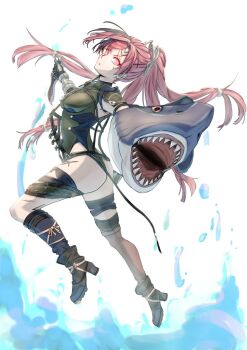 1girl ankle_boots ass asymmetrical_legwear belt boots breasts brown_belt brown_boots commentary_request cross_scar dagger full_body fusion gauntlets granblue_fantasy green_leotard hair_ornament high_heel_boots high_heels highleg highleg_leotard holding holding_dagger holding_knife holding_weapon knife large_breasts leotard long_hair looking_at_viewer meg_(granblue_fantasy) mismatched_legwear parted_lips partial_commentary ponytail red_eyes red_hair scar scar_across_eye scar_on_face scar_on_leg shark sharp_teeth sheath shoulder_pads sidelocks single_gauntlet skindentation smallpine_7 solo teeth thigh_strap ursula_(granblue_fantasy) weapon