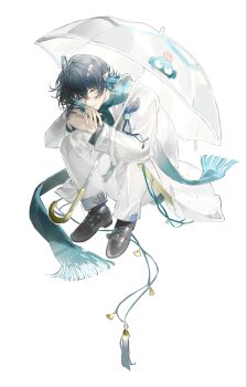 1boy alternate_costume arknights bishounen black_hair black_shoes blue_hair blue_scarf formal_clothes full_body highres holding holding_umbrella long_sleeves looking_at_viewer lumen_(arknights) male_focus multicolored_hair open_mouth pointy_ears scarf shoes short_hair simple_background solo squatting suit umbrella white_background white_suit yellow_eyes zhiyu502921798