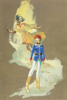 1980s_(style) 1boy 1girl amuro_ray belt bindi black_hair boots brown_hair dark_skin dress gundam highres lalah_sune military_uniform mobile_suit_gundam official_art oldschool painting_(medium) production_art retro_artstyle scan science_fiction signature traditional_media yasuhiko_yoshikazu