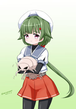 1girl animal black_pantyhose blue_sailor_collar bug character_request dated giant_isopod gloves gradient_background green_background green_hair hat holding holding_animal hug isopod kantai_collection layered_sleeves long_hair long_sleeves low_ponytail masara_(chuujou) noumi_(kancolle) one-hour_drawing_challenge pantyhose pleated_skirt ponytail red_skirt sailor_collar sailor_hat sailor_shirt school_uniform serafuku shirt short_over_long_sleeves short_sleeves skirt smile twitter_username under_skirt undershirt white_gloves white_hat white_shirt