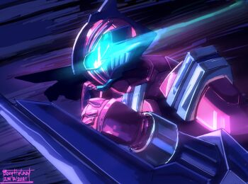 1boy 2021 arm_blade armor artist_name barcode blue_eyes clenched_hand dated dorsal_fin fins gloves glowing glowing_eyes highres joey_the_lazy kamen_rider kamen_rider_revi kamen_rider_revice male_focus megalodon megalodon_genome pink_armor pink_gloves profile shark shark_fin signature tokusatsu weapon