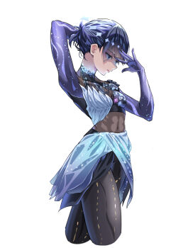 1girl absurdres arm_behind_head black-eyed_susan black_bodysuit black_hair blue_shirt blue_skirt bodysuit closed_mouth commentary covered_navel cowboy_shot cropped_legs cropped_shirt from_side frown hair_up highres long_hair looking_to_the_side medalist_(manga) okazaki_iruka shirt short_hair simple_background skirt sleeveless sleeveless_shirt solo standing uyufuzi_s white_background