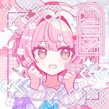 Rule 34 | 1girl, blue bow, blue bowtie, blush, borrowed character, bow, bowtie, commentary, commission, dot nose, double-parted bangs, flying sweatdrops, grid background, hair between eyes, hair intakes, hair ornament, hands up, highres, long sleeves, looking at viewer, open mouth, original, pink background, pink hair, portrait, purple bow, rabbit hair ornament, shirocha tei, shirt, short hair, skeb commission, sleeve bow, solo, sparkle, twitter username, watermark, white shirt