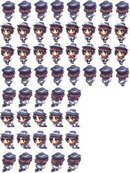 1girl artist_request black_capelet black_hat black_shoes black_skirt bow bowtie brown_eyes brown_hair capelet chibi chibi_only game_cg hair_bow hat hat_bow labyrinth_of_touhou_(series) labyrinth_of_touhou_tri long_sleeves medium_hair multiple_views non-web_source pixel_art red_bow red_bowtie red_hat shirt shoes skirt solo sprite_sheet touhou transparent_background two-tone_hat usami_renko white_bow white_shirt