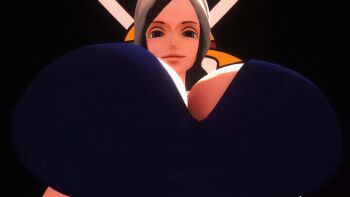 1girl 3d animated animated_gif artist_request black_hair blue_dress blue_eyes bouncing_breasts breasts cleavage close-up dress female_focus from_below highres huge_breasts looking_at_viewer nico_robin nico_robin_(dressrosa) one_piece solo source_request tagme