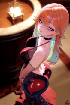 1girl absurdres alternate_costume ass black_choker breasts choker commentary dress earrings english_commentary evening_gown feather_earrings feathers gradient_hair green_feathers green_hair hamaxade highres hololive hololive_english jewelry large_breasts long_hair looking_at_viewer multicolored_hair orange_hair purple_eyes smile solo takanashi_kiara virtual_youtuber