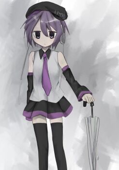 Rule 34 | beret, black hat, black sleeves, black thighhighs, closed mouth, cowboy shot, detached sleeves, expressionless, grey shirt, hat, highres, necktie, pleated skirt, purple hair, purple necktie, shirt, short hair, skirt, solo, standing, thighhighs, utane uta, utau, uuuuua07