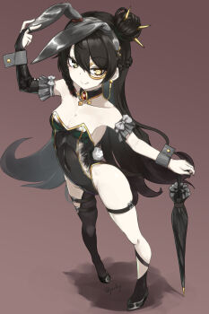 1girl alternate_costume animal_ear_hairband animal_ears arm_bow arm_up black_eyes black_hair black_shoes black_umbrella bow braid breasts bridal_gauntlets brown_background closed_mouth commentary_request darture_(girls&#039;_frontline_2) detached_collar fake_animal_ears fake_tail full_body girls&#039;_frontline girls&#039;_frontline_2:_exilium grey_bow hair_bun hairband half_up_braid heterochromia highres holding holding_umbrella long_hair looking_at_viewer medium_breasts monocle playboy_bunny rabbit_ears rabbit_tail shoes simple_background single_bridal_gauntlet single_hair_bun single_thighhigh smile solo standing tail thighhighs umbrella yellow_eyes zafuri_(yzrnegy)
