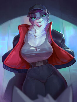 1girl 1other black_hat black_jacket black_pants bonifasko breasts cleavage colored_sclera dreamworks furry furry_female green_sclera grey_fur grey_tank_top hat highres jacket kitty_kat_(the_bad_guys) large_breasts looking_at_viewer open_clothes open_jacket pants red_jacket slit_pupils snow_leopard_girl solo_focus tank_top the_bad_guys_(movie) the_bad_guys_2 two-sided_fabric two-sided_jacket universal_studios