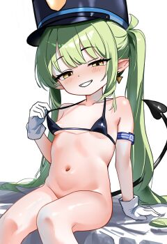1girl absurdres armband bed bed_sheet bikini bikini_pull bikini_top_only bikini_top_pull black_bikini black_bra black_hat black_tail blue_archive blue_armband blush bra bra_pull breasts clothes_pull collarbone cunvaroy demon_tail earrings gloves green_hair green_halo grin half-closed_eyes halo hat highres jewelry loli long_hair looking_at_viewer mesugaki nozomi_(blue_archive) on_bed open_mouth peaked_cap pointy_ears pulling_own_clothes self-upload simple_background single_earring small_breasts smile smug solo stomach swimsuit tail twintails underwear white_background white_gloves yellow_eyes