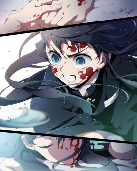 2boys aqua_hair attack bed_sheet black_hair blood blood_on_face blood_on_hands brothers child clenched_teeth closed_eyes corpse death demon_slayer_uniform egasumi facial_mark facing_viewer floating_hair futon gradient_hair hana_ni_nare highres holding_hands kimetsu_no_yaiba long_hair long_sleeves lying male_focus motion_blur multicolored_hair multiple_boys on_bed on_stomach outstretched_arms remembering siblings signature split_screen spoilers streaked_hair sweat teeth tokitou_muichirou tokitou_yuichirou twins water wet wet_clothes wet_hair white_background wide_sleeves