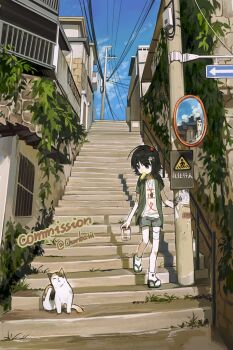 1girl alley bandaged_leg bandages black_eyes black_hair blue_sky borrowed_character cat chun_baii city commentary_request commission flip-flops flipped_hair food food_in_mouth full_body green_jacket grey_shorts hair_ornament hairclip holding holding_jar jacket jar jewelry looking_at_another medium_hair mirror original pendant plant pole popsicle popsicle_in_mouth power_lines sandals scenery shirt shorts sky socks solo stairs sticker twitter_username white_shirt white_socks