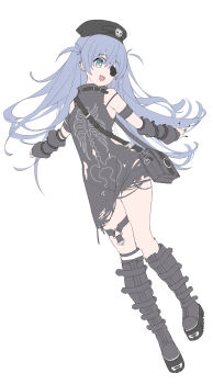 1girl black_boots black_dress black_hat blue_hair boots breasts commentary_request dress eyepatch fang hat highres knee_boots long_hair ogata_(ogt_illust) platform_boots short_dress skeleton_print sleeveless sleeveless_dress small_breasts solo thigh_strap torn_clothes torn_dress two_side_up vspo! yano_kuromu