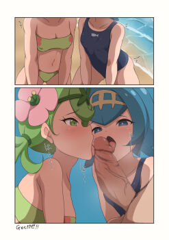 1boy 2girls 2koma absurdres bare_shoulders beach bikini blue_eyes blue_hair blue_one-piece_swimsuit blush breasts censored comic cooperative_fellatio fellatio ffm_threesome green_eyes green_hair group_sex hetero highres izuna_masaru lana_(pokemon) licking licking_penis loli mallow_(pokemon) mosaic_censoring multiple_girls nintendo official_alternate_costume one-piece_swimsuit oral penis pokemon pokemon_(anime) pokemon_sm012 pokemon_sm_(anime) small_breasts swimsuit teamwork_(sexual) threesome tongue tongue_out trembling water