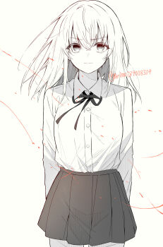 Rule 34 | 1girl, absurdres, arms at sides, closed mouth, collared shirt, commentary request, cowboy shot, highres, long hair, long sleeves, looking at viewer, mahou shoujo no majo saiban, meimei (meimei89008309), miniskirt, neck ribbon, official alternate costume, pleated skirt, ribbon, school uniform, shirt, shirt tucked in, shito alisa, simple background, skirt, solo, standing, white background