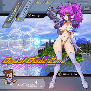 1990s_(style) 1boy 1girl 3d_background absurdres album_cover album_name artist_collaboration artist_self-insert bikini blue_bikini breasts building city closed_mouth cloud cloudy_sky commentary cover covered_erect_nipples energy_ball energy_gun english_commentary english_text faux_retro_artstyle film_grain full_body gloves gun highres hill holding holding_gun holding_weapon jacket large_breasts long_hair looking_at_viewer mixed_media mountain open_clothes open_jacket original over-kneehighs pink_hair playstation_symbols ponytail purple_eyes purple_gloves purple_shrug retro_artstyle shore shrug_(clothing) sky skyscraper smile standing striped_bikini striped_clothes swimsuit system_st91 thighhighs user_interface vaporwave water weapon