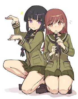 Rule 34 | 2girls, black hair, black neckerchief, brown eyes, brown hair, commentary request, flute, full body, green sailor collar, green serafuku, green shirt, green skirt, holding, holding flute, holding instrument, instrument, kantai collection, kitakami (kancolle), long sleeves, looking at another, miniskirt, multiple girls, neckerchief, ooi (kancolle), purple eyes, sailor collar, school uniform, seiza, serafuku, shirt, simple background, sitting, skirt, white background, yasushi