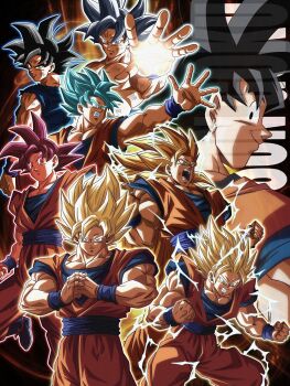 1boy black_eyes black_hair blonde_hair blue_sash blue_shirt clenched_hands clenched_teeth commentary_request daiki_11090 dougi dragon_ball dragon_ball_super dragonball_z electricity evolutionary_line grey_eyes grey_hair highres long_hair medium_hair multiple_views muscular muscular_male no_eyebrows orange_pants orange_shirt pants powering_up sash shirt son_goku spiked_hair super_saiyan super_saiyan_1 super_saiyan_2 super_saiyan_3 super_saiyan_blue super_saiyan_god teeth ultra_instinct ultra_instinct_sign