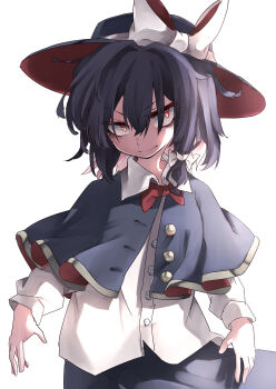 1girl absurdres aged_down alternate_eye_color black_capelet black_hair black_hat black_skirt bow buttons capelet closed_mouth collared_shirt dress_shirt hair_between_eyes hat hat_bow highres long_sleeves muraryo orange_eyes shirt short_hair simple_background skirt sleeve_cuffs smile touhou usami_renko white_background white_bow
