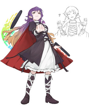 Rule 34 | 1girl, absurdres, black dress, black jacket, black shoes, black socks, blonde hair, breasts, cape, clenched hand, closed eyes, commentary request, cross-laced clothes, dress, full body, gradient hair, highres, hijiri byakuren, jacket, kneehighs, large breasts, layered dress, long hair, long sleeves, looking at viewer, multicolored hair, multiple views, open mouth, purple hair, red cape, scroll, shoes, smile, socks, sorcerer's sutra scroll, takoyaki5221, touhou, very long hair, white background, white dress, yellow eyes