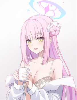Rule 34 | 1girl, absurdres, blue archive, bra, breasts, choppy bangs, cleavage, coffee mug, cup, grey background, hair bun, halo, hashtag-only commentary, highres, holding, holding cup, large breasts, long hair, looking at viewer, mika (blue archive), mug, open mouth, pink hair, pink halo, pink pupils, shirt, shirt partially removed, simple background, smile, solo, straight hair, underwear, upper body, white bra, white shirt, yellow eyes, yt9676