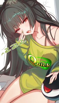 0nineo9 1girl absurdres alternate_costume black_hair braid breasts collarbone commentary commission english_commentary fingernails green_nails green_shirt half_up_braid hand_up highres hoshimi_miyabi large_breasts long_fingernails long_hair looking_at_viewer nail_polish open_mouth orange_eyes shirt single_bare_shoulder single_off_shoulder sitting socks solo tailless_(zenless_zone_zero) thighs white_socks yokozuwari zenless_zone_zero zzz