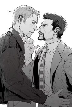 2boys avengers_(series) checkered_clothes checkered_shirt collared_shirt cowboy_shot facial_hair formal_clothes greyscale half-closed_eyes hand_up highres index_finger_raised jacket lanita_1212 lapels long_sleeves looking_at_another male_focus marvel monochrome multiple_boys necktie notice_lines open_clothes open_jacket pants puffy_long_sleeves puffy_sleeves shirt short_hair simple_background smile standing steve_rogers teeth tony_stark yaoi