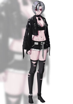 1girl arms_at_sides black_jacket black_shorts black_thighhighs breasts closed_mouth commentary_request full_body grey_hair highres jacket large_breasts long_sleeves looking_at_viewer navel open_clothes open_jacket original red_eyes short_hair short_shorts shorts standing stomach thighhighs torn_clothes torn_thighhighs torriet