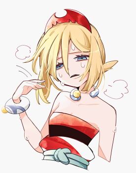 1girl blonde_hair blue_eyes bracelet breasts cocoa_s3 eyelashes fanning fanning_face fanning_self hair_between_eyes hairband irida_(pokemon) jewelry looking_at_viewer neck_ring nintendo open_mouth pearl_clan_outfit pokemon pokemon_legends:_arceus red_hairband red_shirt sash shirt short_hair solo strapless strapless_shirt sweat upper_body