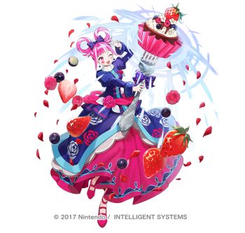 1girl attack blue_dress blunt_bangs blush bouquet breasts commentary_request cupcake dress facial_mark fighting_stance fire_emblem fire_emblem_engage fire_emblem_heroes floral_print floral_print_dress flower food fork fruit giant_fork hair_rings heart heart_facial_mark holding holding_bouquet holding_fork hortensia_(cutesplosion)_(fire_emblem) hortensia_(fire_emblem) long_sleeves multicolored_hair nintendo official_alternate_costume official_art one_eye_closed open_mouth pink_eyes pink_hair print_dress shoes simple_background small_breasts smile solo strawberry two-tone_hair tym_taro white_background