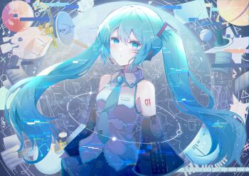 Rule 34 | 1girl, absurdres, aqua eyes, aqua hair, aqua necktie, aqua trim, arm tattoo, black skirt, breasts, collared shirt, commentary request, detached sleeves, grey shirt, hair between eyes, hair ornament, hatsune miku, headset, highres, long hair, long sleeves, medium breasts, miniskirt, namamake, necktie, number tattoo, pleated skirt, satellite dish, shirt, skirt, solo, tattoo, twintails, very long hair, vocaloid