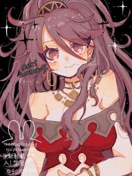 1girl big_hair breasts brown_eyes brown_hair closed_mouth commentary_request dated eyelashes hair_between_eyes han_(hn-khk) highres medium_breasts mole mole_under_mouth octopath_traveler octopath_traveler_i primrose_azelhart smile solo sparkle upper_body watermark