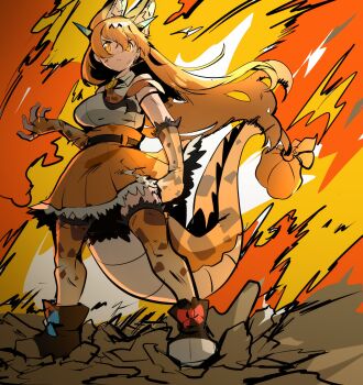 1girl absurdres alternate_tail animal_ears animal_print bare_shoulders blonde_hair bow cat_ears cat_print dragon_girl dragon_serval_(kemono_friends) dragon_tail fingerless_gloves fire frilled_gloves frills gloves hair_between_eyes high-waist_skirt highres horns kemono_friends kemono_friends_3 long_hair multicolored_horns necktie print_gloves print_necktie print_thighhighs rainbow_horns riri_(dgra3272) shirt skirt sleeveless solo tail tail_bow tail_ornament thighhighs white_shirt yellow_eyes yellow_gloves yellow_necktie yellow_skirt yellow_thighhighs