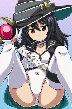 Rule 34 | 1girl, 9s0ykoyama117, ass, black hair, blush, brown eyes, closed mouth, covered navel, girls und panzer, hat, leotard, long hair, looking at viewer, reizei mako, simple background, solo, spread legs, thighhighs, wand, white leotard, white thighhighs, witch, witch hat