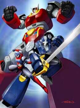 1980s_(style) 1boy android armor baikanfu black_hair bodysuit clenched_hands full_body helmet holding holding_weapon kenryuu_(machine_robo) machine_robo machine_robo_chronos_no_dai_gyakushuu male_focus mecha mecha_focus mechanization nakamura_jun&#039;ichi no_humans oldschool retro_artstyle robot rom_stol science_fiction simple_background standing super_robot sword weapon white_bodysuit yellow_eyes