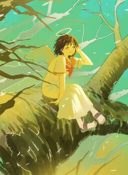 0xmalam absurdres angel_wings brown_hair closed_eyes dress feathered_wings haibane_renmei halo highres in_tree rakka_(haibane_renmei) sailor_collar sandals sitting sitting_in_tree smile tree white_dress wings