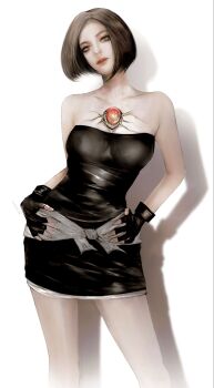 Rule 34 | 1girl, bare shoulders, black gloves, black skirt, black tube top, brown hair, clothes around waist, fingerless gloves, gloves, highres, jill valentine, looking at viewer, miniskirt, momokulala, resident evil, simple background, skirt, strapless, sweater, sweater around waist, tube top, white background