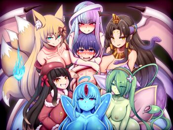 1boy 6+girls aged_up alraune animal_ears aqua_eyes black_hair blonde_hair blue_eyes blue_hair blue_skin blush breasts brown_hair cleavage colored_skin commission dark_blue_hair demon_girl demon_wings eyes_visible_through_hair fox_ears fox_girl fox_tail gold green_hair green_skin grey_hair grin hair_tubes half-closed_eyes harem hetero highres hiruko_(mon-musu_quest!) horns japanese_clothes kanade_(mon-musu_quest!) kanon_(mon-musu_quest!) kimono large_breasts licking_lips lipstick_mark long_hair luka_(mon-musu_quest!) minagi_(mon-musu_quest!) mon-musu_quest! mon-musu_quest:_paradox monster_girl multicolored_hair multiple_girls multiple_tails open_mouth plant_girl purple_hair raichi_(ddq0246) red_eyes saja_(mon-musu_quest!) skeb_commission slime_girl smile snake_hair split_mouth tail tamamo_(mon-musu_quest!) tongue tongue_out two-tone_hair wavy_mouth wings yellow_eyes