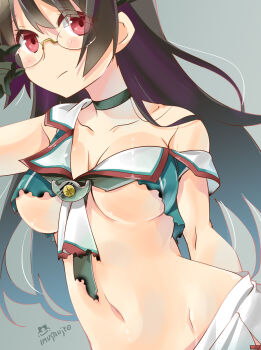 Rule 34 | 10s, 1girl, artist name, bare shoulders, black gloves, black hair, blush, breasts, choker, choukai (kancolle), choukai kai ni (kancolle), female focus, glasses, gloves, highres, imu sanjo, kantai collection, long hair, navel, off shoulder, red eyes, solo, torn clothes, underboob